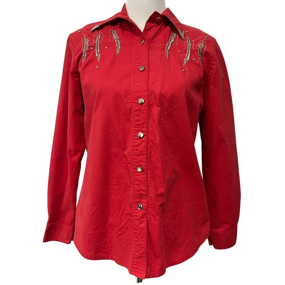 Lilia Smitty Vintage Western Shirt Top Red Cowgirl Studded Embroidered Womens M